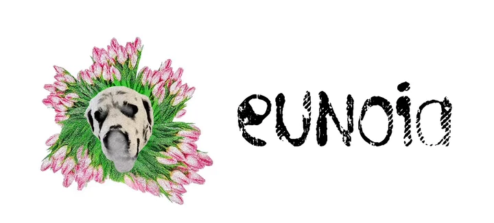 eunoia animated wordmark and band artwork: a pale sculpted head surrounded by pink tulips